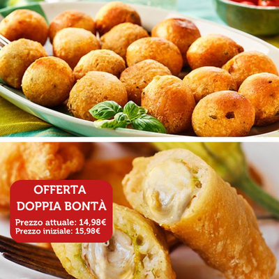 Stuzzichini per aperitivo e finger food - Offerta Doppia Bontà - Spizzichelle alla Pizzaiola e Fiori di Zucca alla Pizza