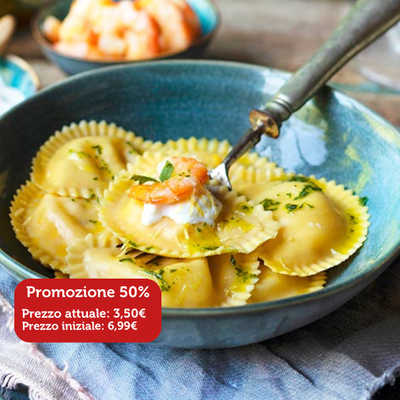Primi e Sughi - Sc. 50% Mezzelune Gamberi e Burrata