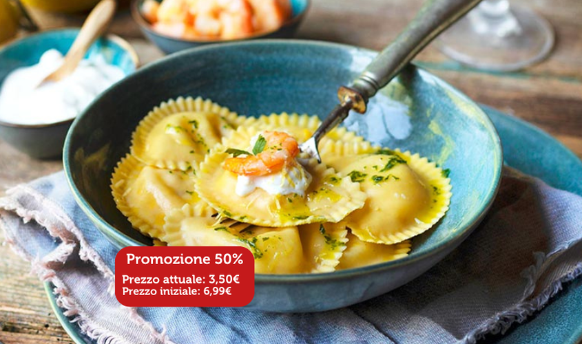 Primi e Sughi - Sc. 50% Mezzelune Gamberi e Burrata
