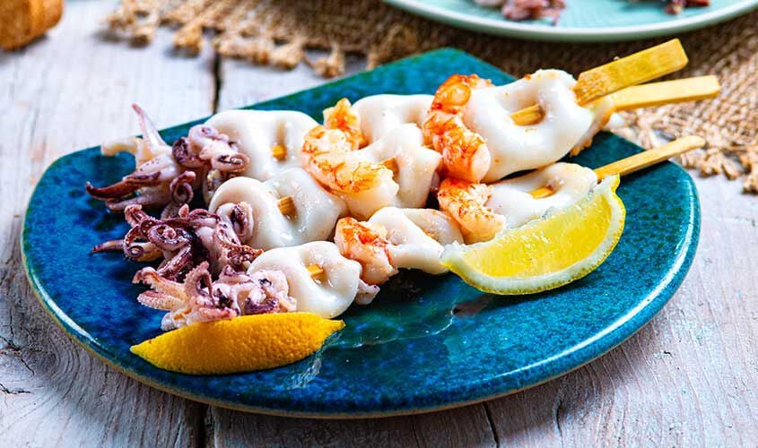 Specialità di pesce - Spiedini di Calamaro Patagonico e Gambero Argentino