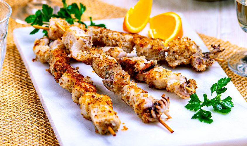 Spiedini di Pesce Spada e Seppia alla Mediterranea
