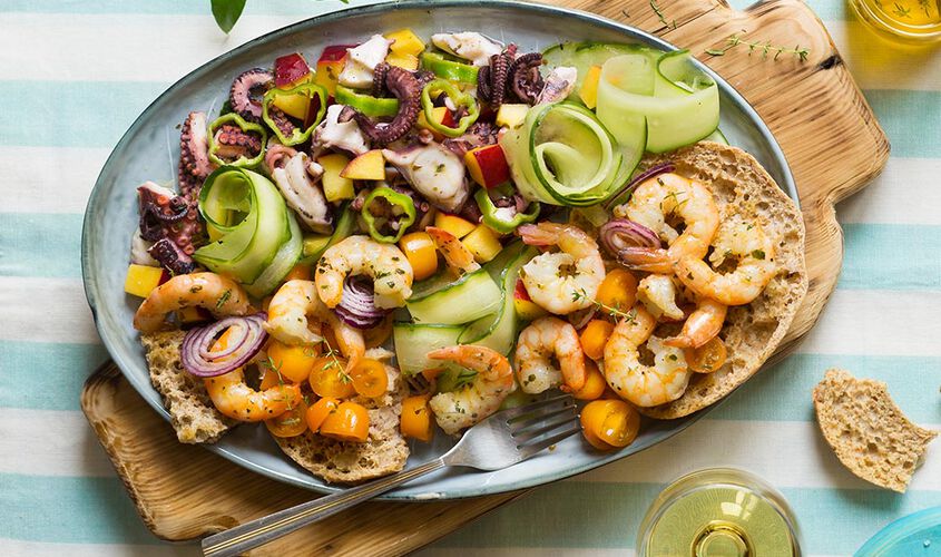 Insalata estiva con polpo marinato e code di gamberone Bofrost